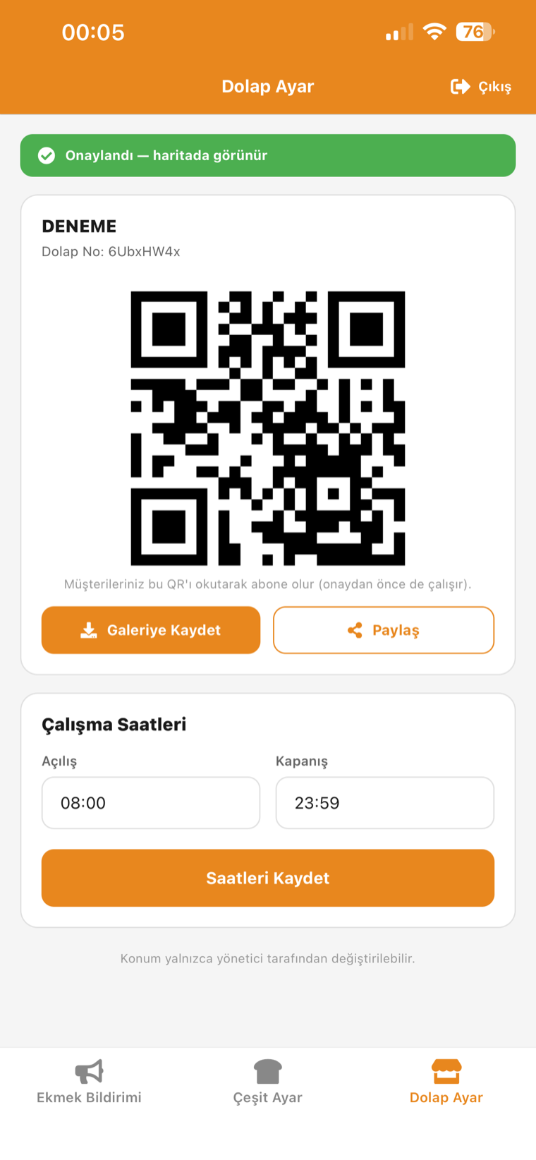 Dolap Ayar ekranı ve QR kod